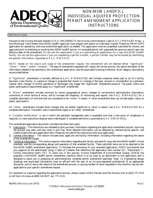 ADEQ Form P&PRU Non-msw Landfill Individual Aquifer Protection Permit Amendment Application - Arizona