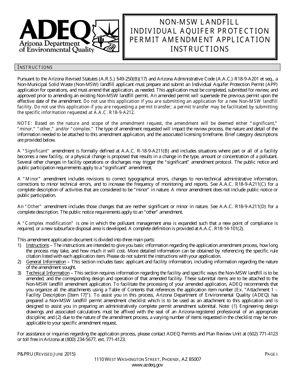 ADEQ Form PPRU Non-msw Landfill Individual Aquifer Protection Permit Amendment Application - Arizona, Page 1