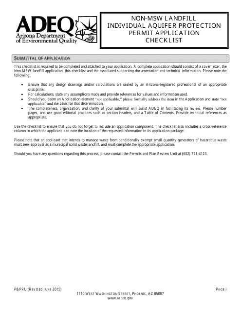 ADEQ Form P&PRU Non-msw Landfill Individual Aquifer Protection Permit Application Checklist - Arizona