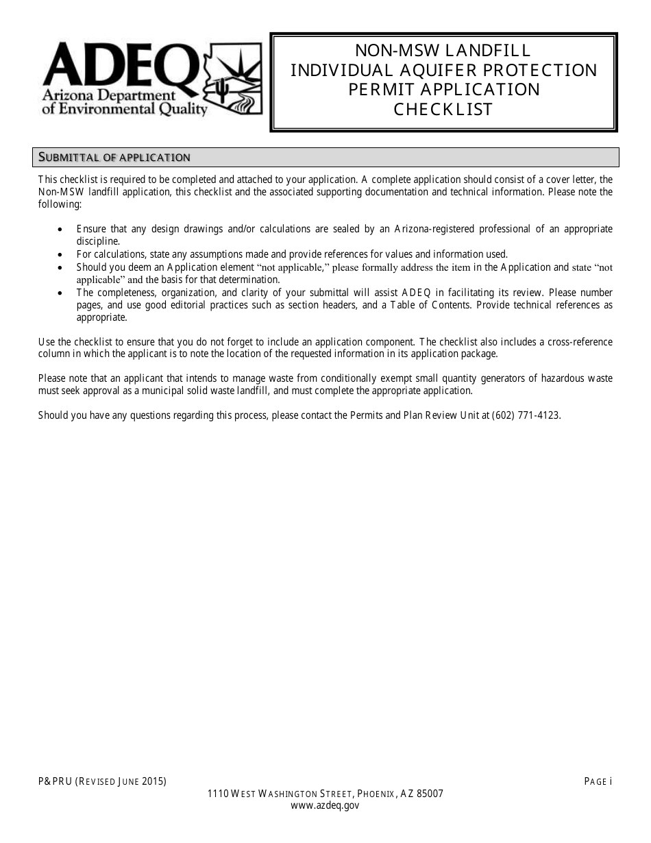 ADEQ Form PPRU Non-msw Landfill Individual Aquifer Protection Permit Application Checklist - Arizona, Page 1