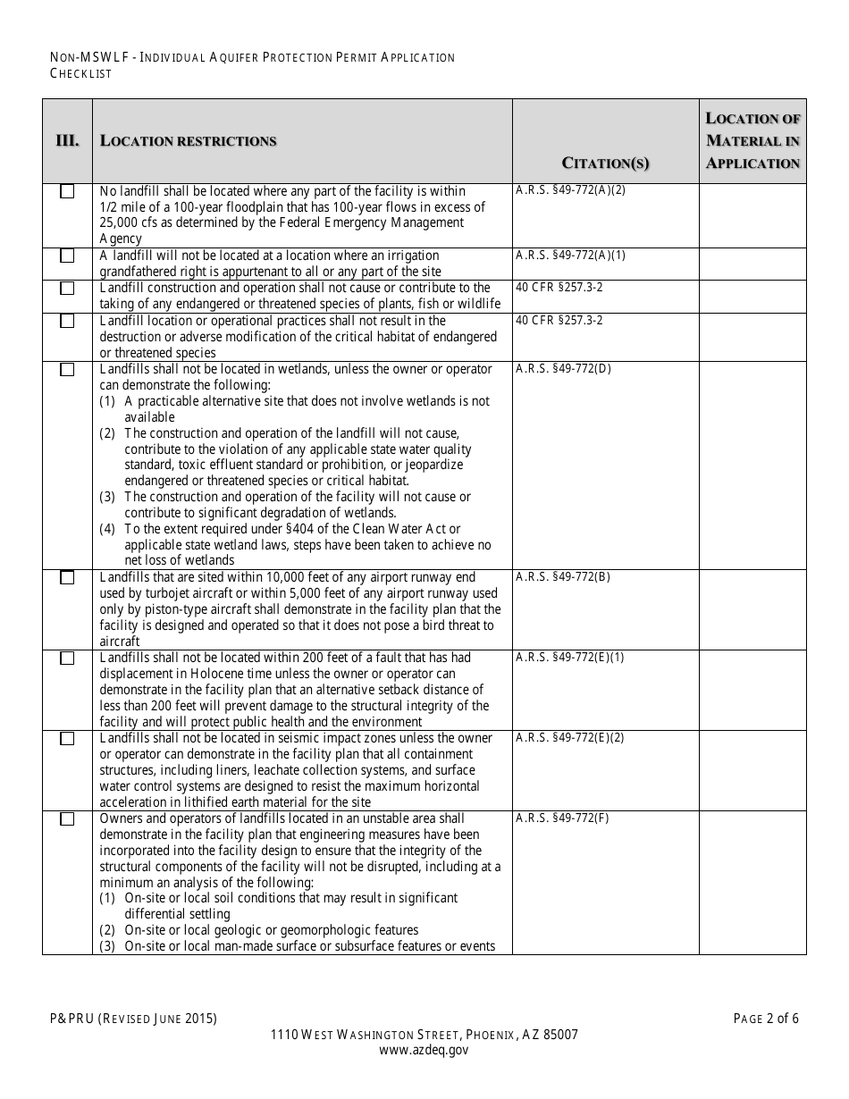 ADEQ Form PPRU Non-msw Landfill Individual Aquifer Protection Permit Application Checklist - Arizona, Page 3