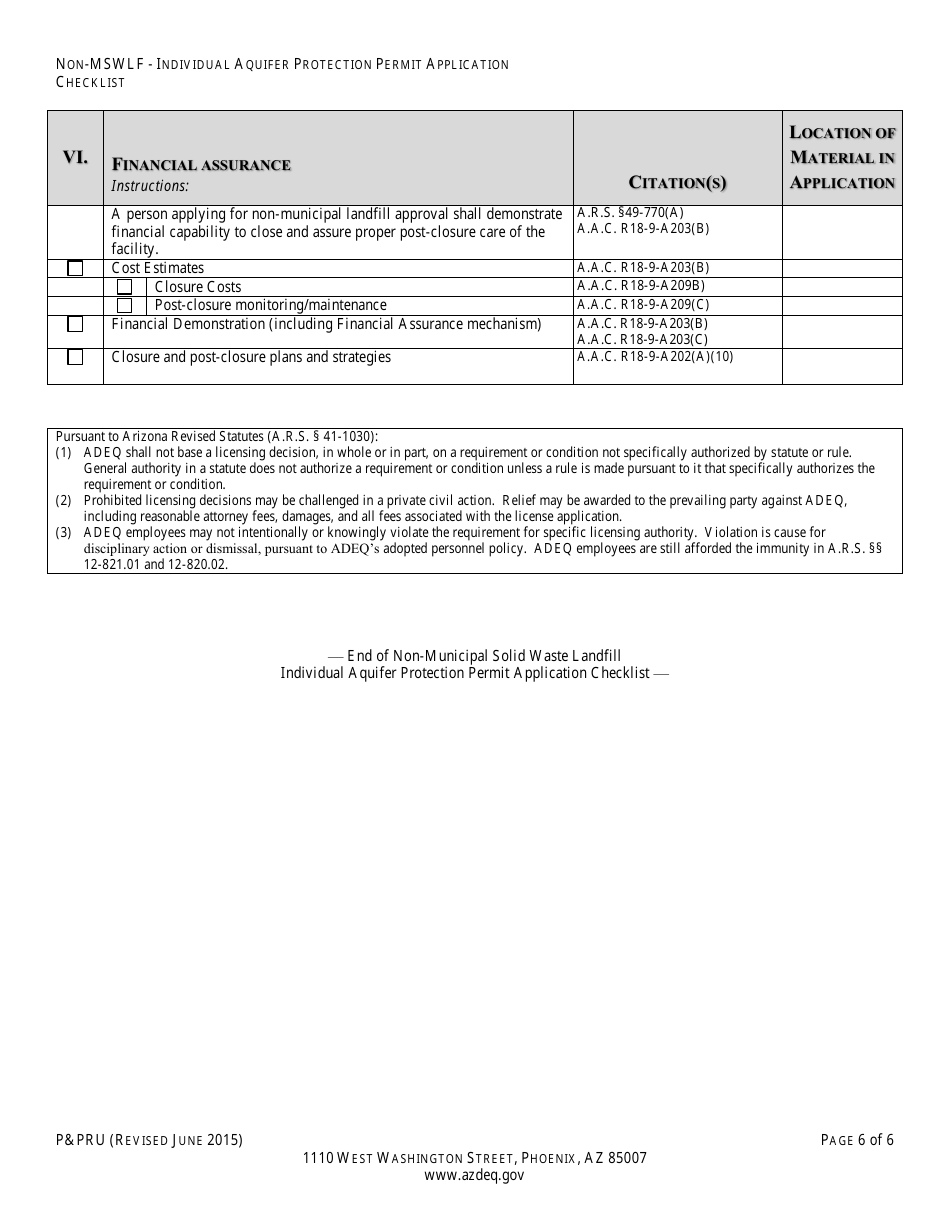 ADEQ Form PPRU Non-msw Landfill Individual Aquifer Protection Permit Application Checklist - Arizona, Page 7