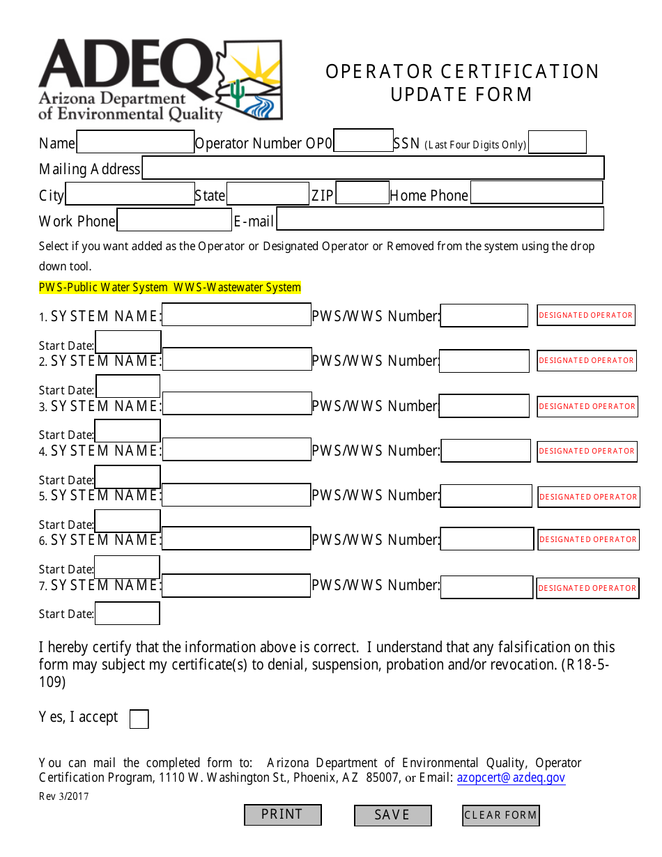 Operator Certification Update Form - Arizona, Page 1
