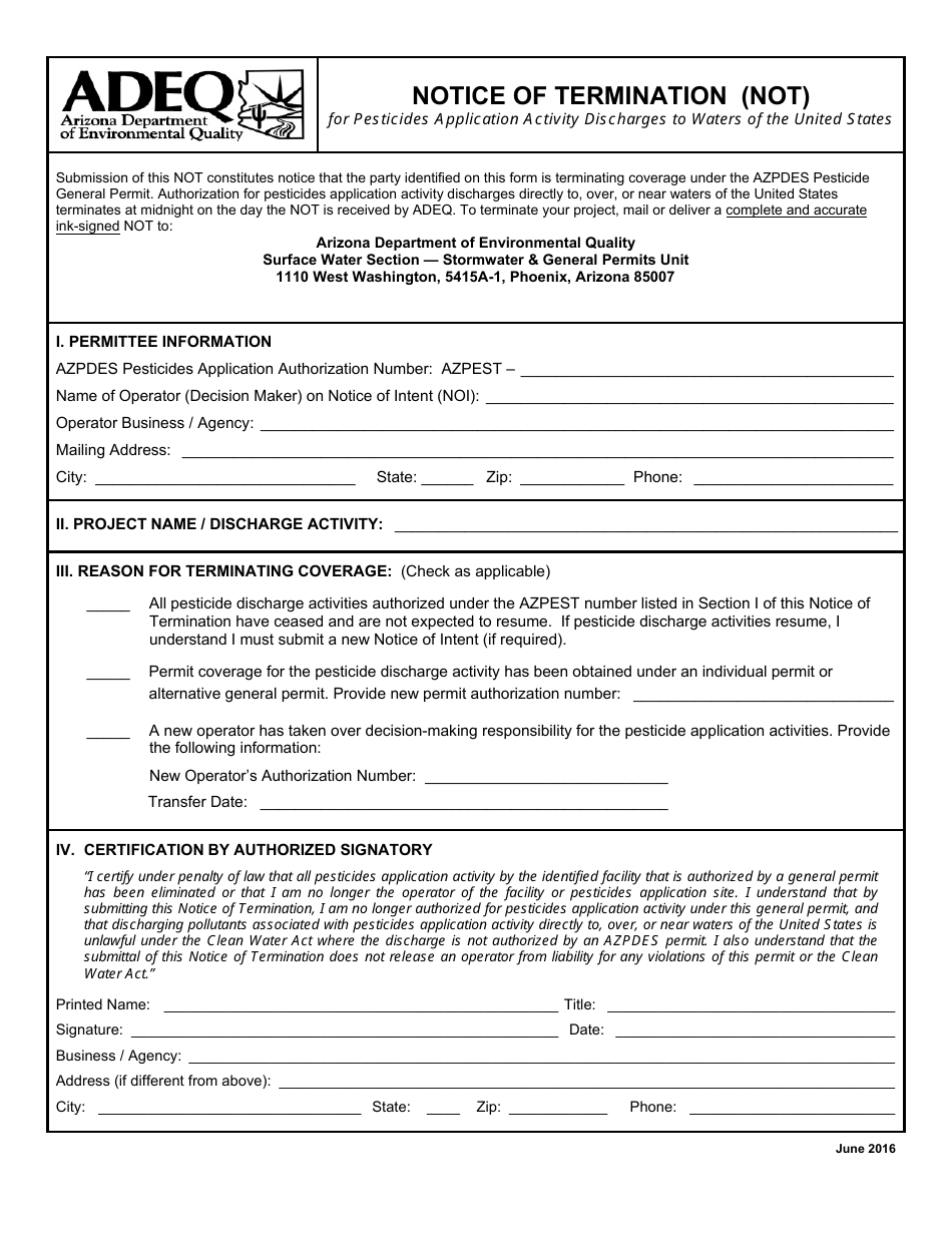 Notice of Termination (Not) for Pesticides Application Activity Discharges to Waters of the United States - Arizona, Page 1
