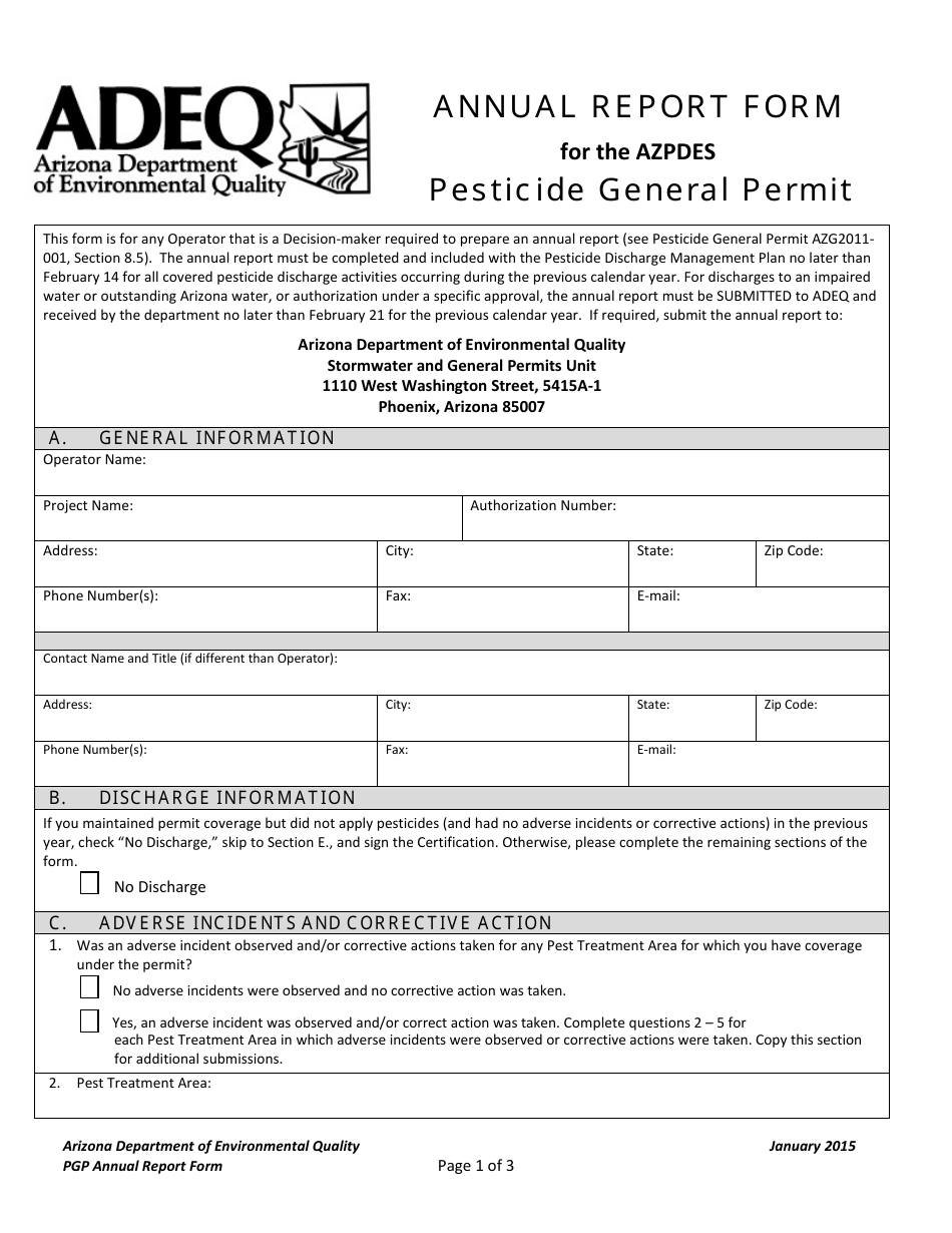 Pesticide General Permit (Pgp) Annual Report Form - Arizona, Page 1