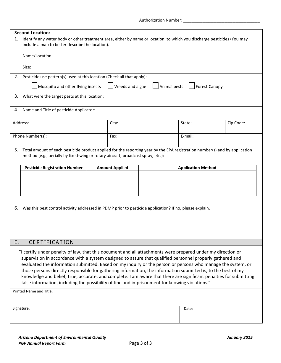 Pesticide General Permit (Pgp) Annual Report Form - Arizona, Page 3