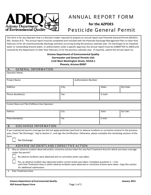 Pesticide General Permit (Pgp) Annual Report Form - Arizona Download Pdf
