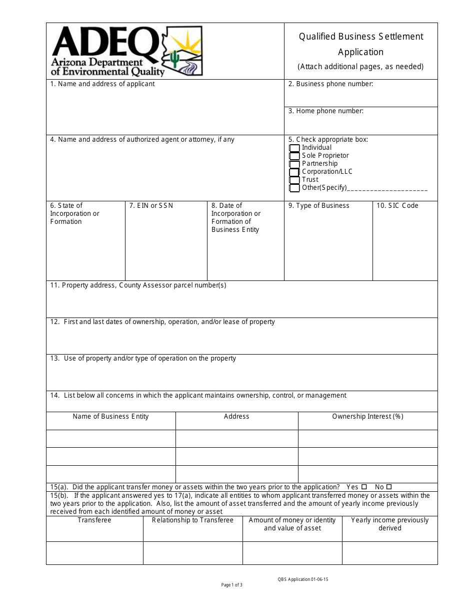 Qualified Business Settlement Application Form - Arizona, Page 1