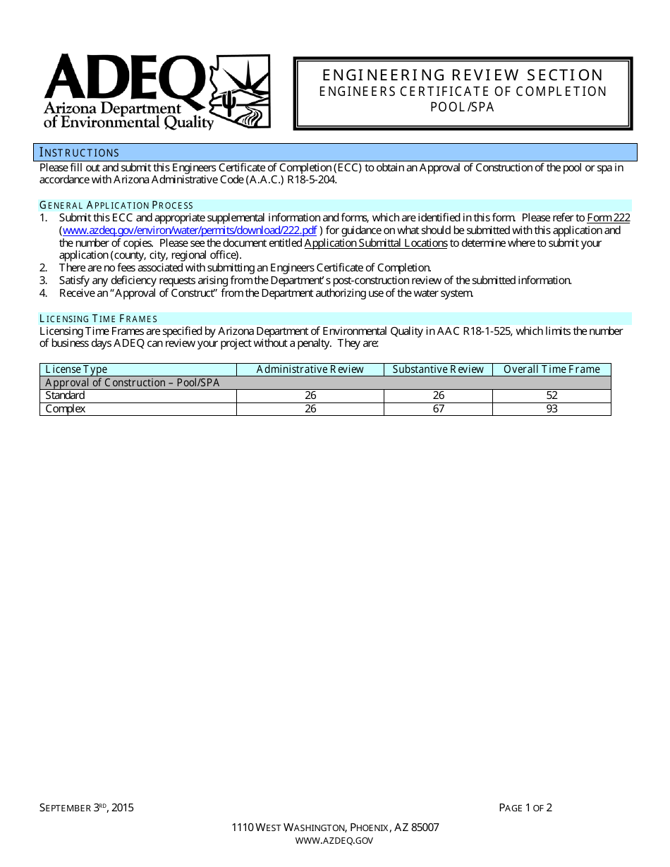 Engineering Review Section - Engineers Certificate of Completion - Pool / Spa - Arizona, Page 1