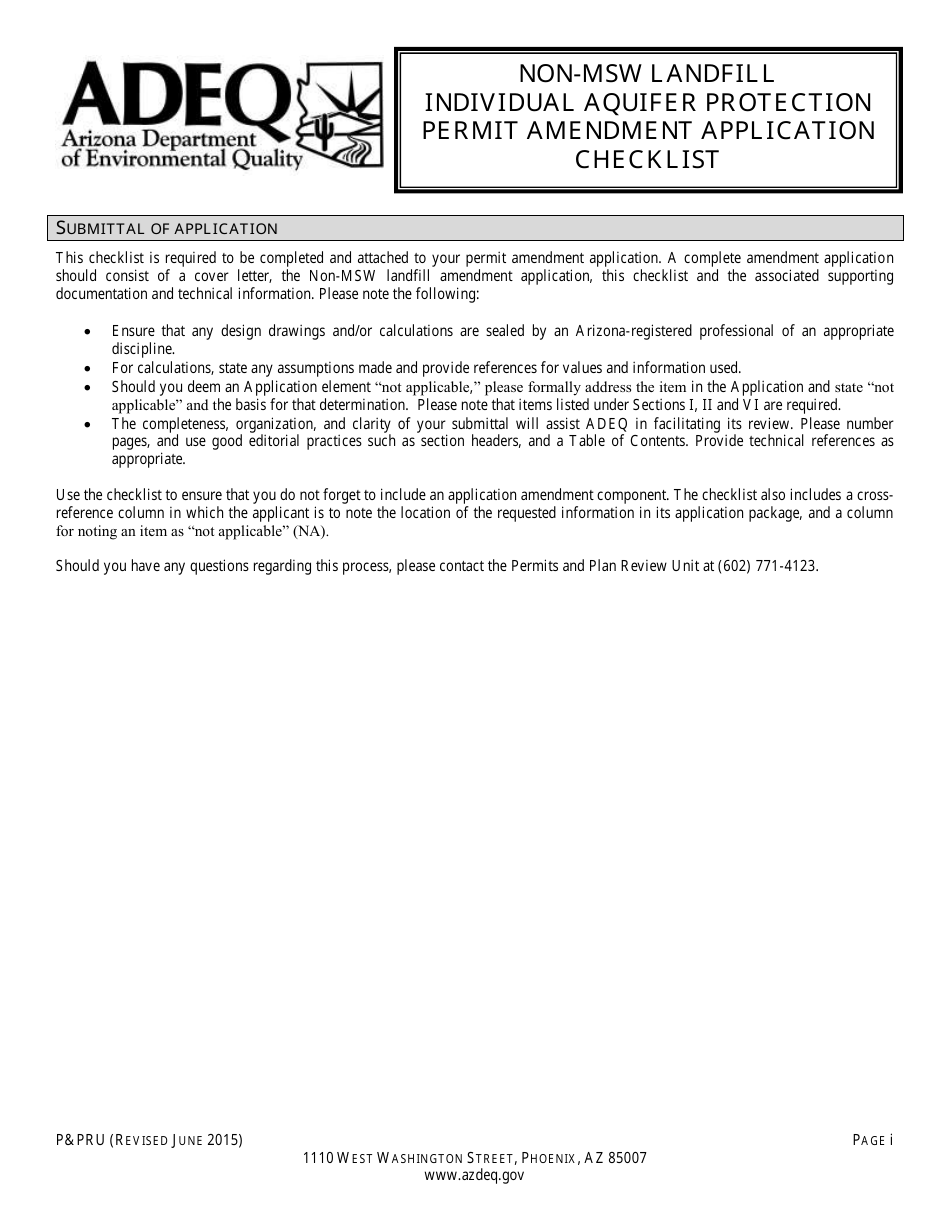 ADEQ Form PPRU Non-msw Landfill Individual Aquifer Protection Permit Amendment Application Checklist - Arizona, Page 1