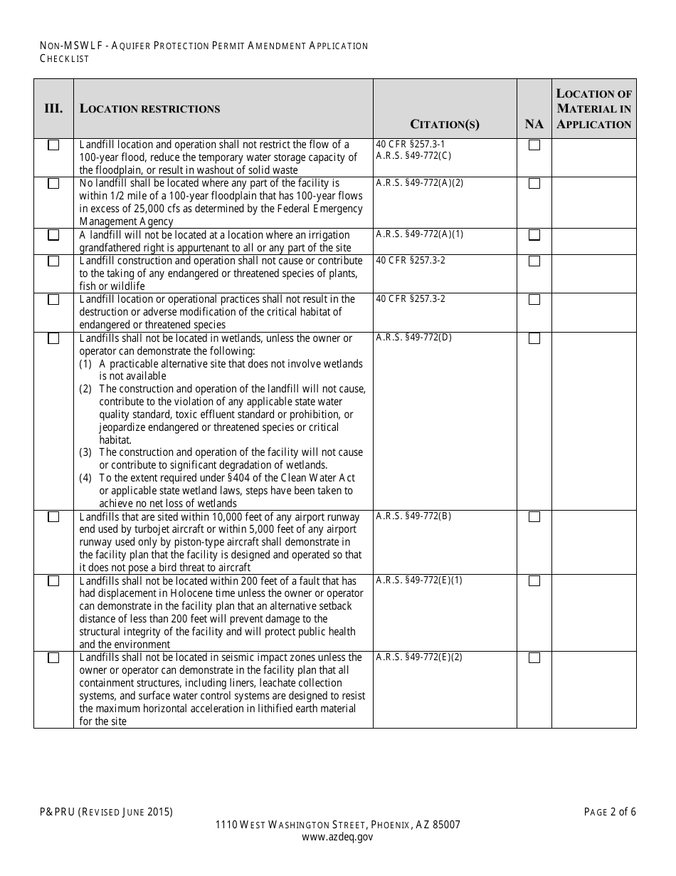 ADEQ Form PPRU Non-msw Landfill Individual Aquifer Protection Permit Amendment Application Checklist - Arizona, Page 3
