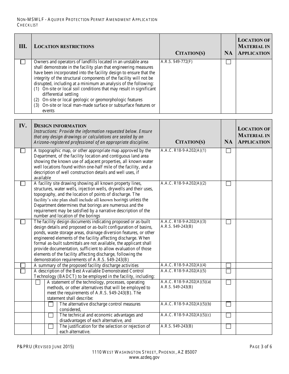 ADEQ Form PPRU Non-msw Landfill Individual Aquifer Protection Permit Amendment Application Checklist - Arizona, Page 4