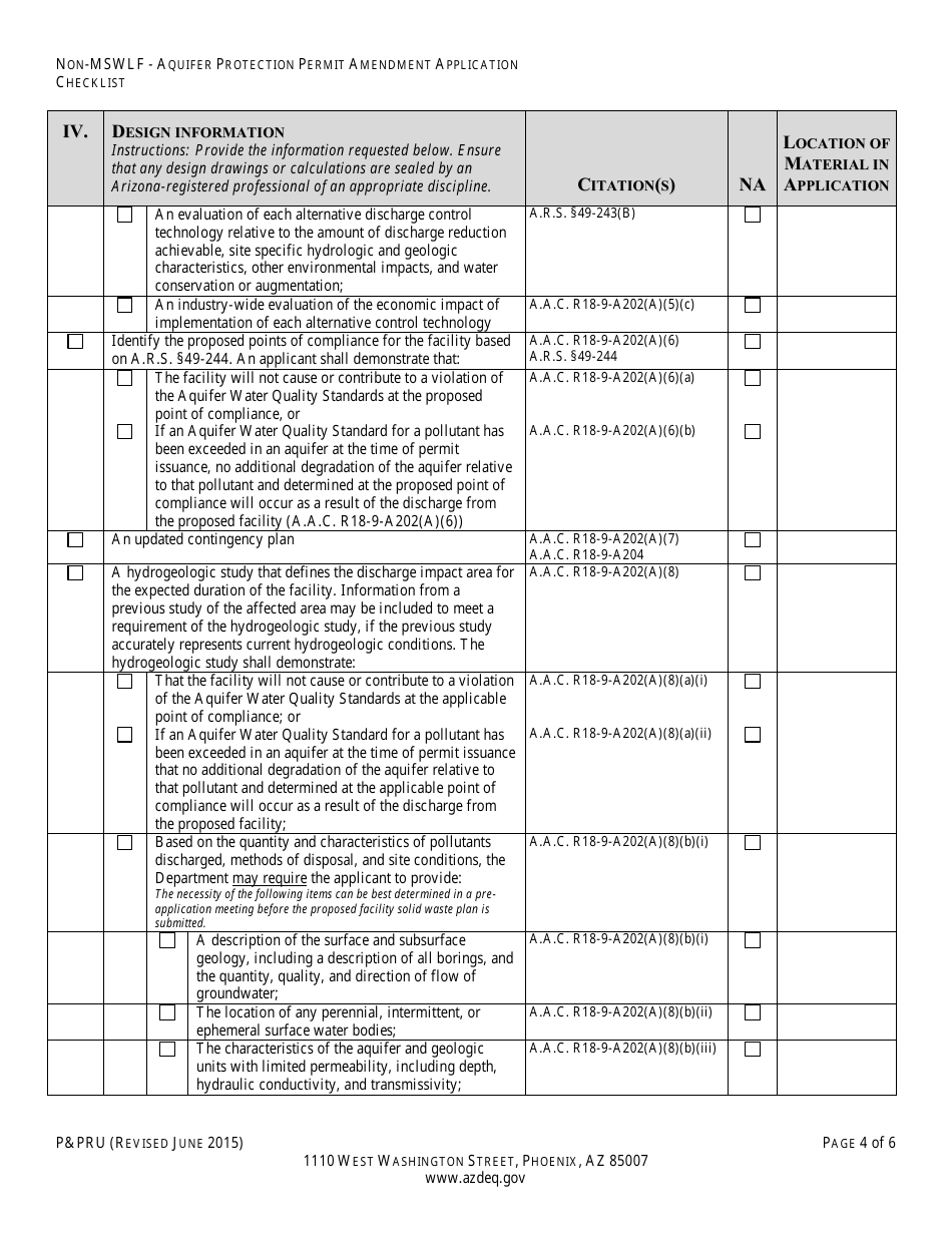 ADEQ Form PPRU Non-msw Landfill Individual Aquifer Protection Permit Amendment Application Checklist - Arizona, Page 5
