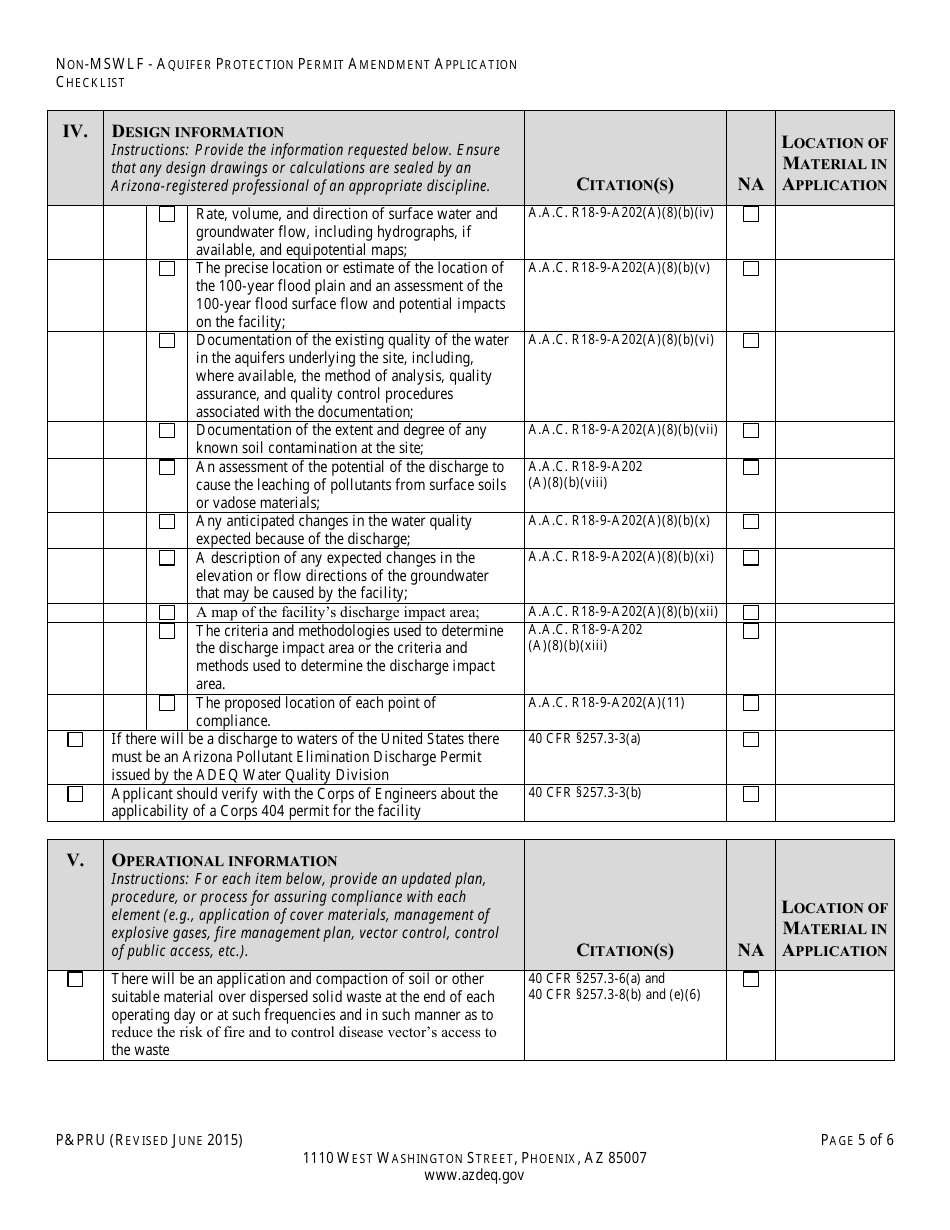 ADEQ Form PPRU Non-msw Landfill Individual Aquifer Protection Permit Amendment Application Checklist - Arizona, Page 6