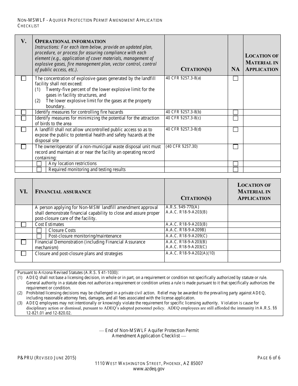 ADEQ Form PPRU Non-msw Landfill Individual Aquifer Protection Permit Amendment Application Checklist - Arizona, Page 7