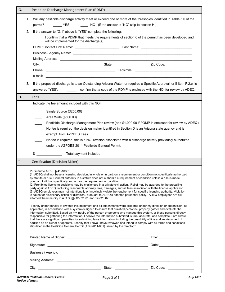Notice of Intent (Noi) for Pesticide Discharges to Waters of the U.S. Under the AZPDES Pesticide General Permit - Arizona, Page 3