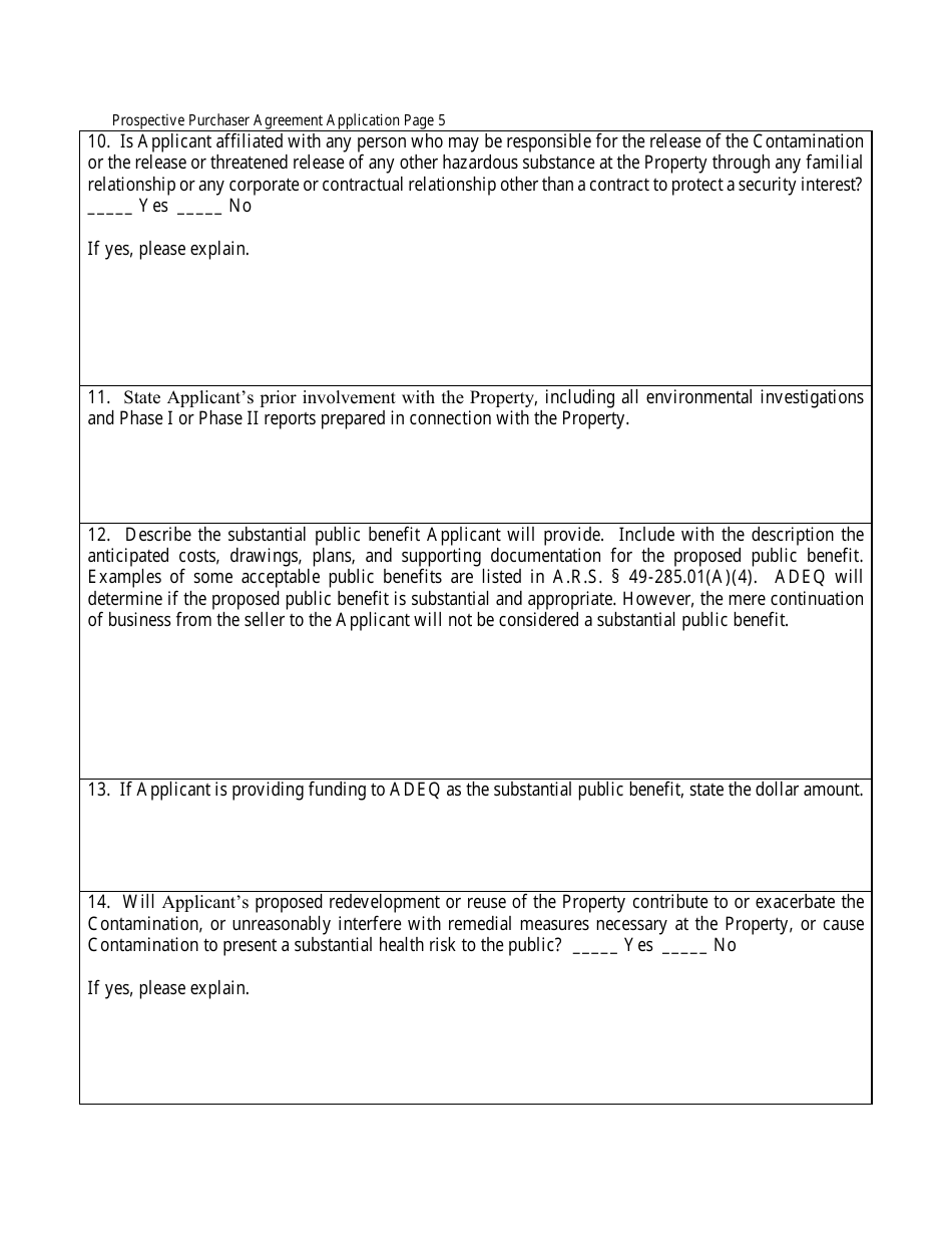 Prospective Purchaser Agreement Application Form - Arizona, Page 5