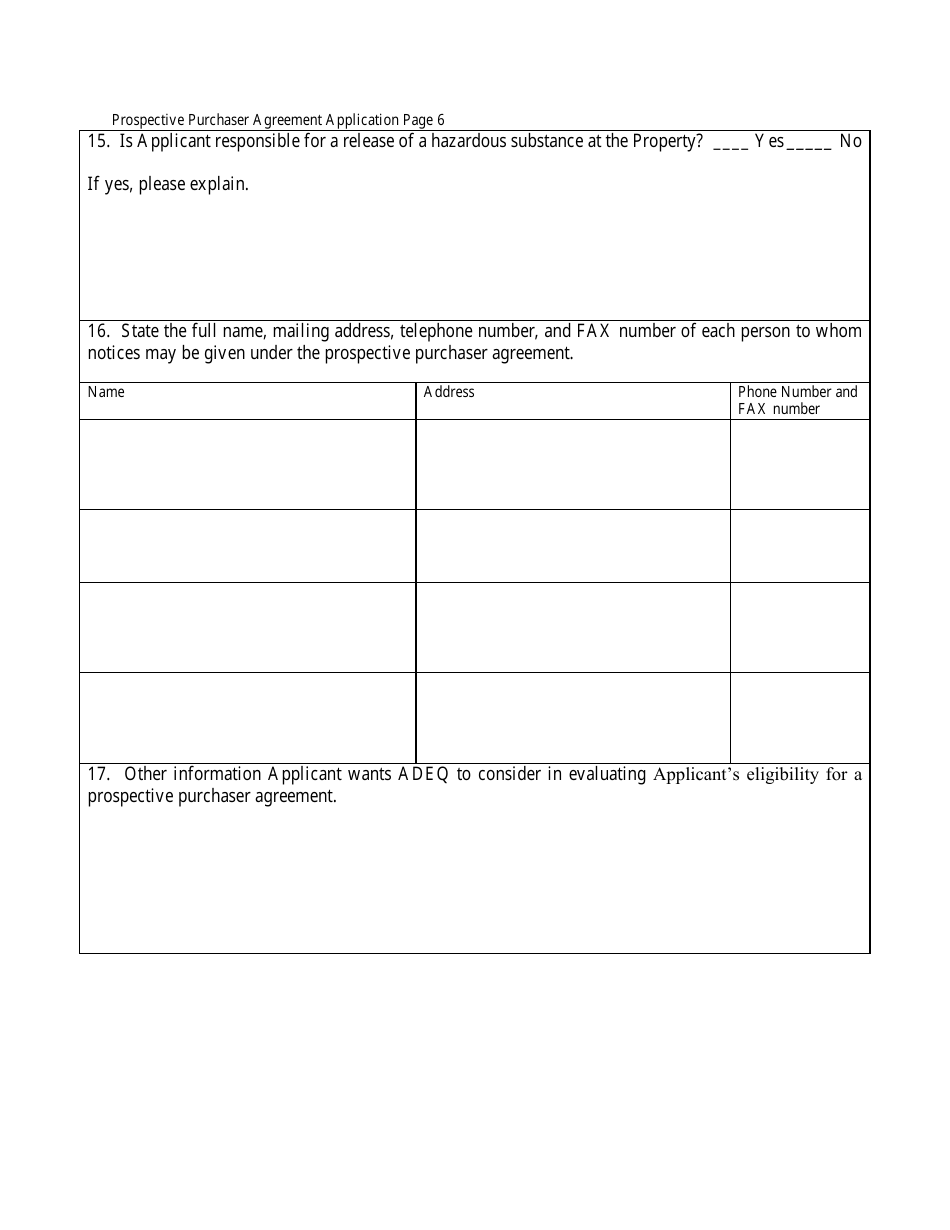Prospective Purchaser Agreement Application Form - Arizona, Page 6