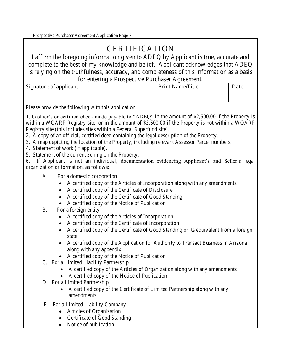 Prospective Purchaser Agreement Application Form - Arizona, Page 7