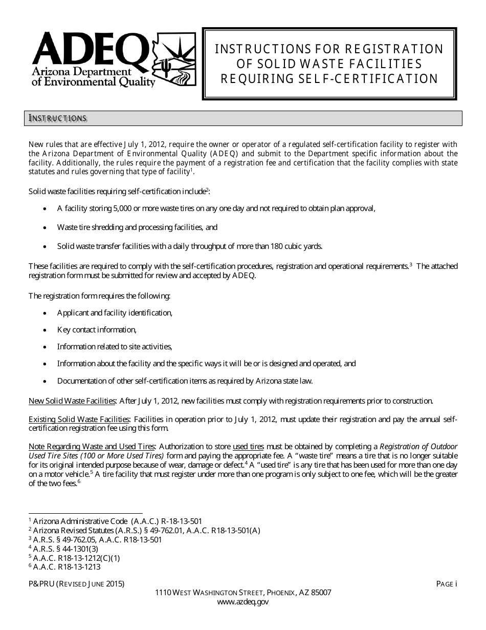 ADEQ Form PPRU Registration Form for Solid Waste Facilities Requiring Self-certification - Arizona, Page 1