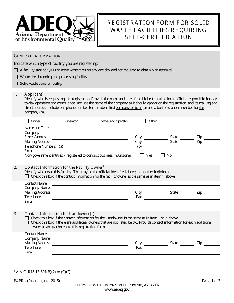ADEQ Form PPRU Registration Form for Solid Waste Facilities Requiring Self-certification - Arizona, Page 3