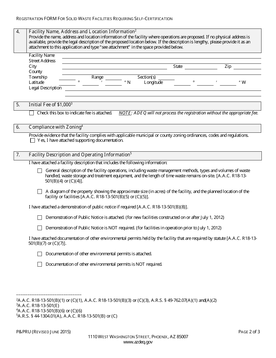 ADEQ Form PPRU Registration Form for Solid Waste Facilities Requiring Self-certification - Arizona, Page 4