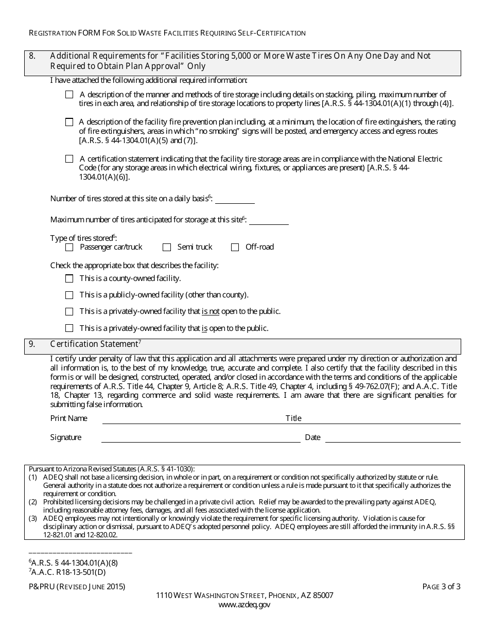 ADEQ Form PPRU Registration Form for Solid Waste Facilities Requiring Self-certification - Arizona, Page 5