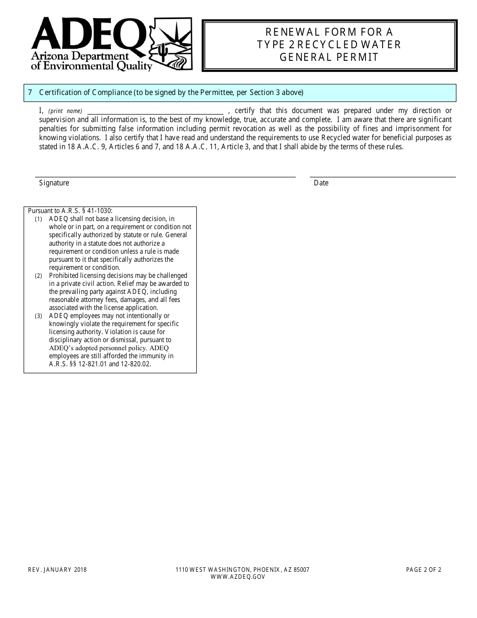 Renewal Form for a Type 2 Recycled Water General Permit - Arizona, Page 3