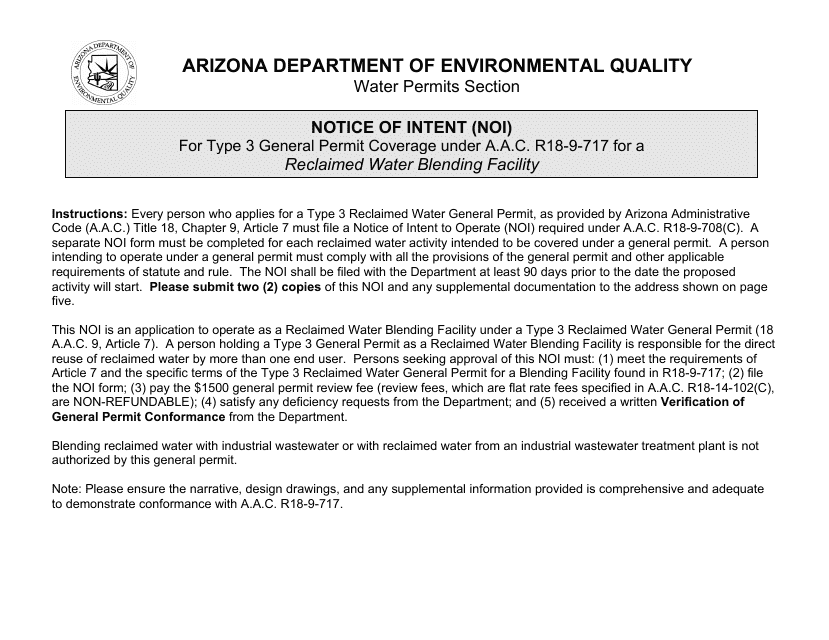 Notice of Intent for Type 3 Reclaimed Water General Permit - Reclaimed Water Blending Facility - Arizona Download Pdf
