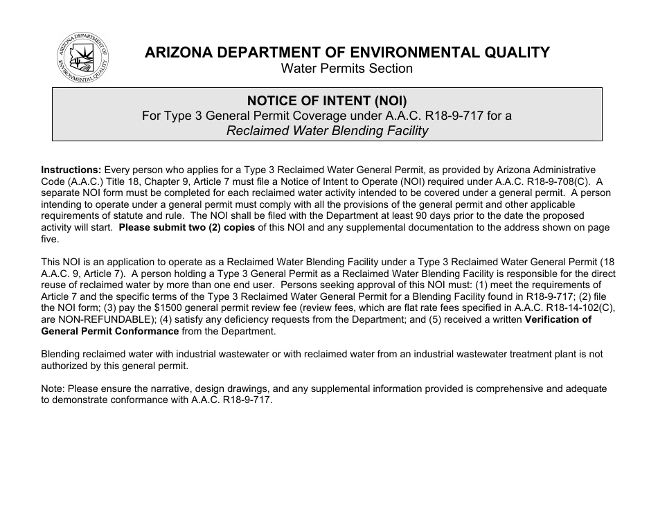 Notice of Intent for Type 3 Reclaimed Water General Permit - Reclaimed Water Blending Facility - Arizona, Page 1
