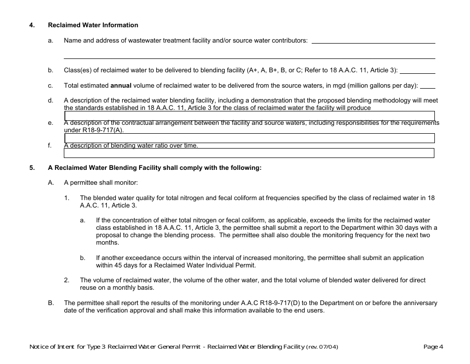 Notice of Intent for Type 3 Reclaimed Water General Permit - Reclaimed Water Blending Facility - Arizona, Page 4