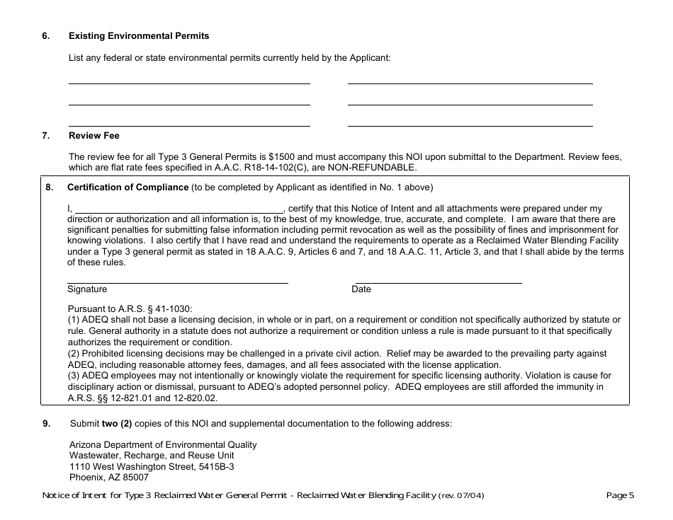 Notice of Intent for Type 3 Reclaimed Water General Permit - Reclaimed Water Blending Facility - Arizona, Page 5
