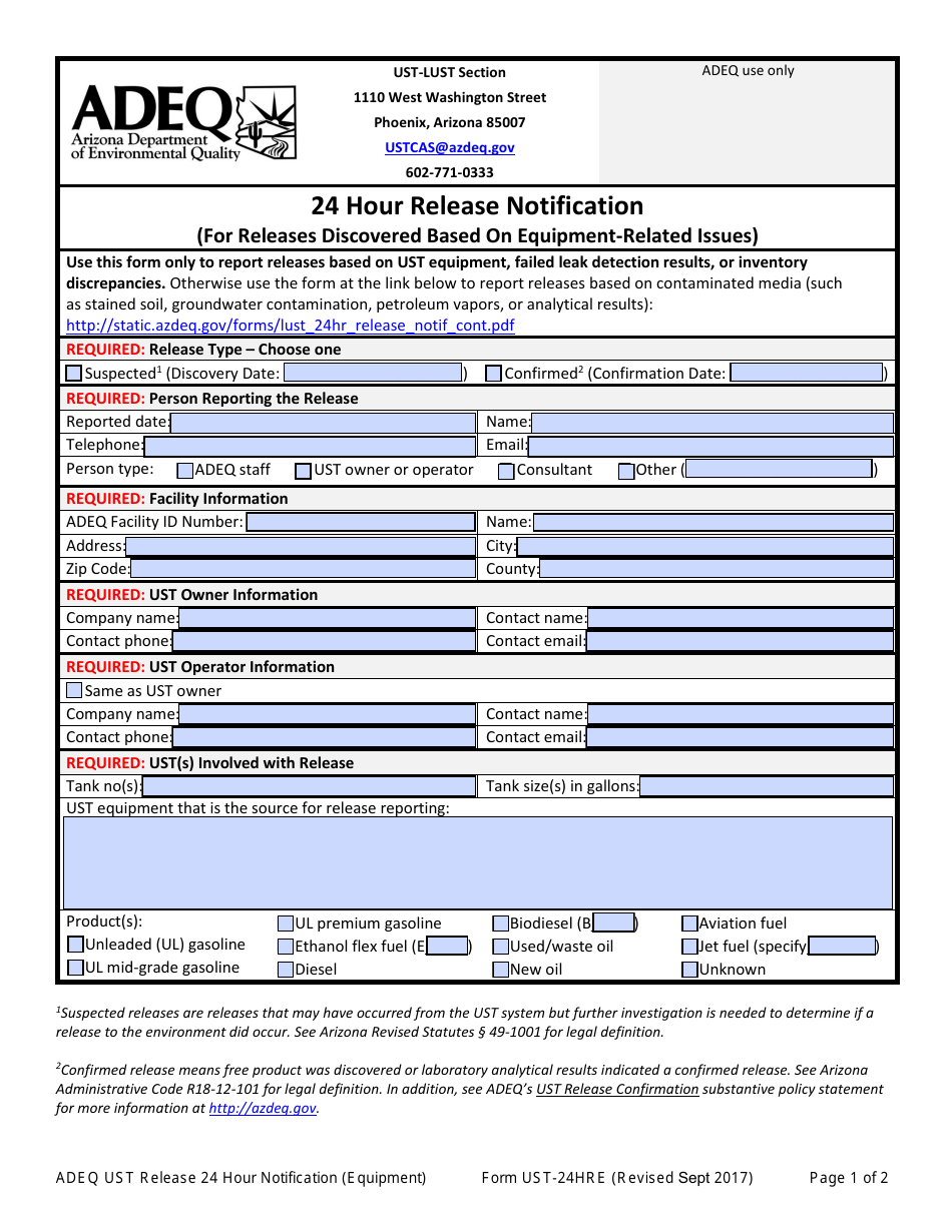 ADEQ Form UST-24HRE 24 Hour Release Notification (For Releases Discovered Based on Equipment-Related Issues) - Arizona, Page 1