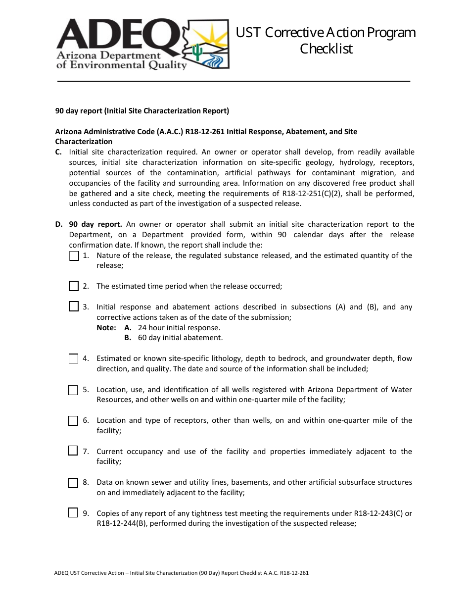 Ust Corrective Action - Initial Site Characterization (90 Day) Report Checklist - Arizona, Page 1