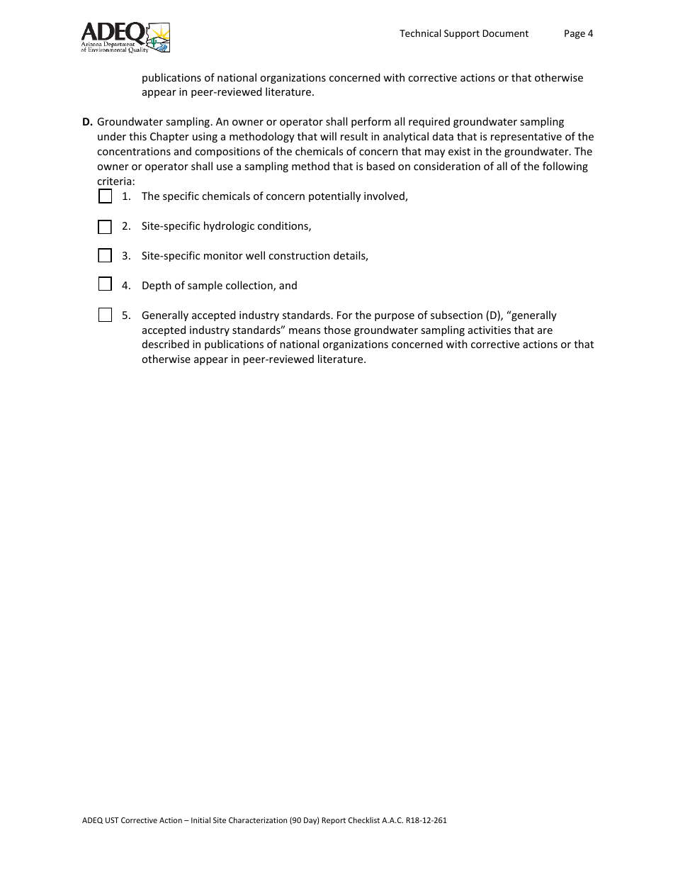 Ust Corrective Action - Initial Site Characterization (90 Day) Report Checklist - Arizona, Page 4
