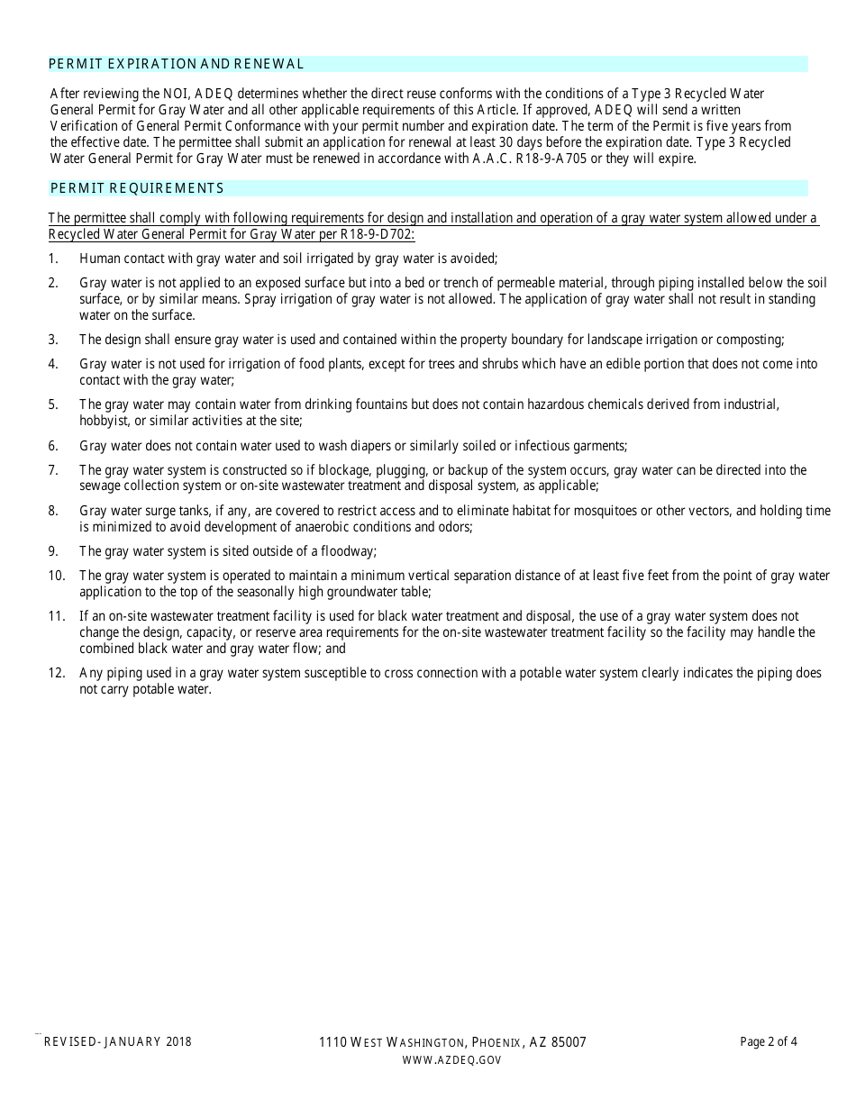 Notice of Intent (Noi) for a Type 3 Reclaimed Water General Permit, Gray Water - Arizona, Page 2