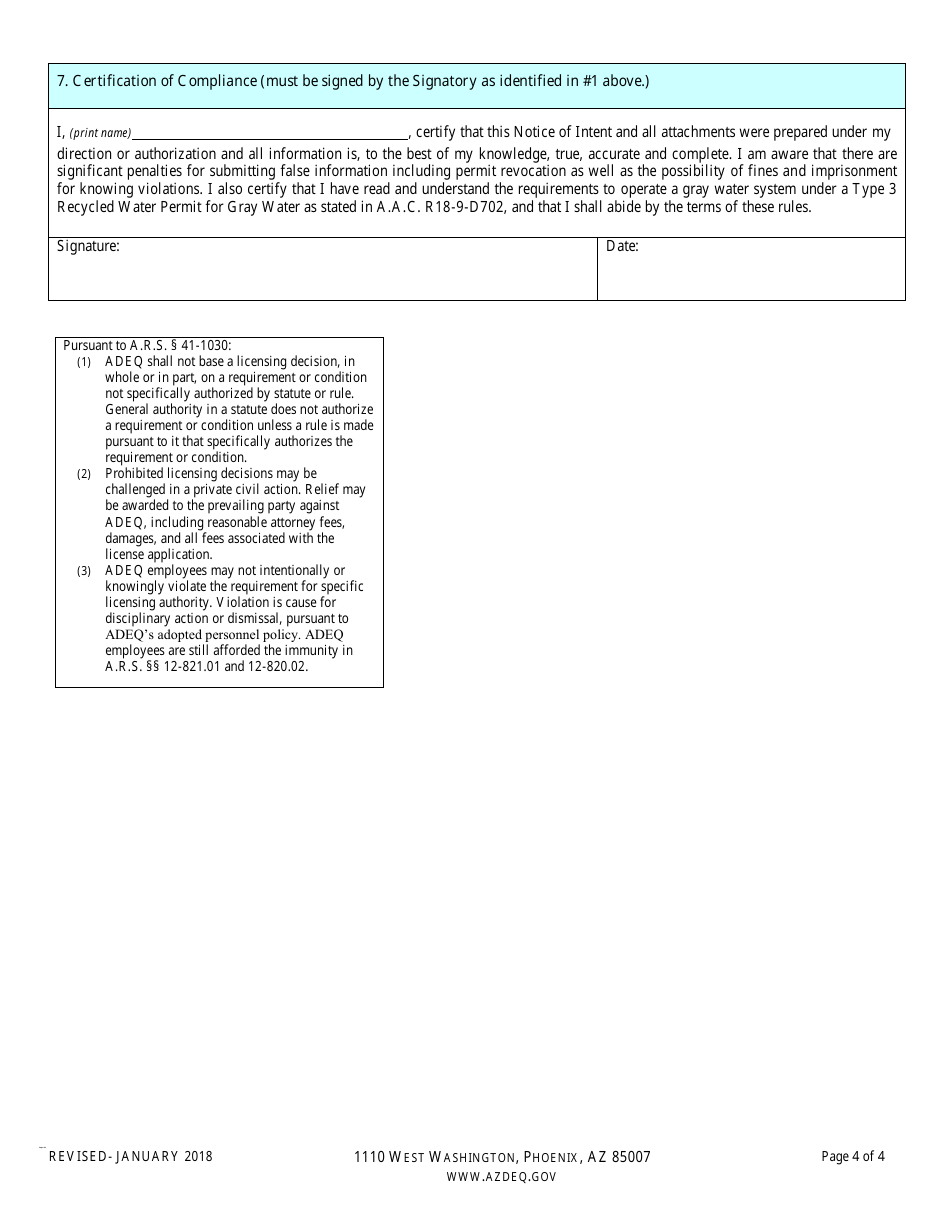 Notice of Intent (Noi) for a Type 3 Reclaimed Water General Permit, Gray Water - Arizona, Page 4