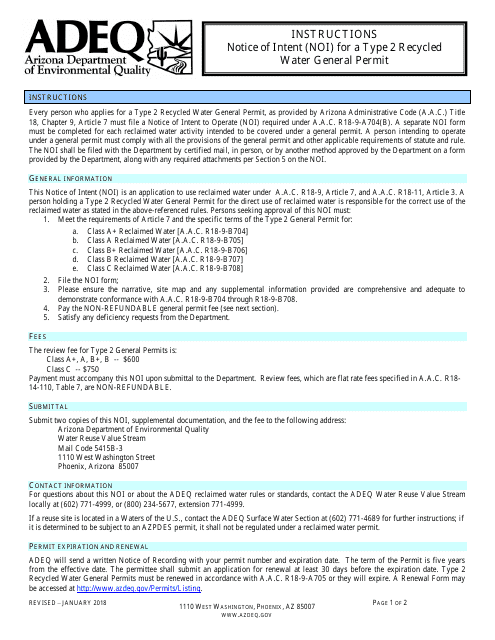 Notice of Intent (Noi) for a Type 2 Recycled Water General Permit - Arizona Download Pdf