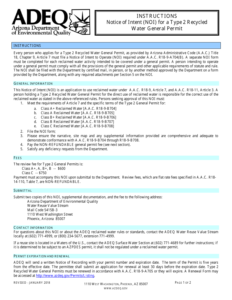 Notice of Intent (Noi) for a Type 2 Recycled Water General Permit - Arizona, Page 1