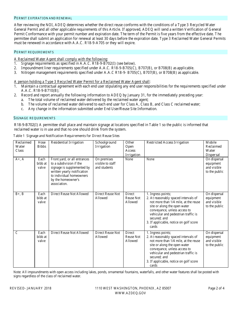 Notice of Intent (Noi) for a Type 3 Recycled Water General Permit, Reclaimed Water Agent - Arizona, Page 2
