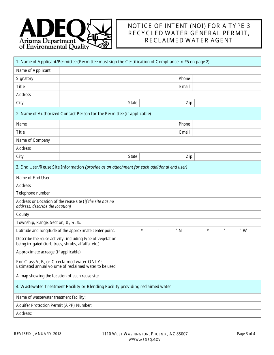 Notice of Intent (Noi) for a Type 3 Recycled Water General Permit, Reclaimed Water Agent - Arizona, Page 3