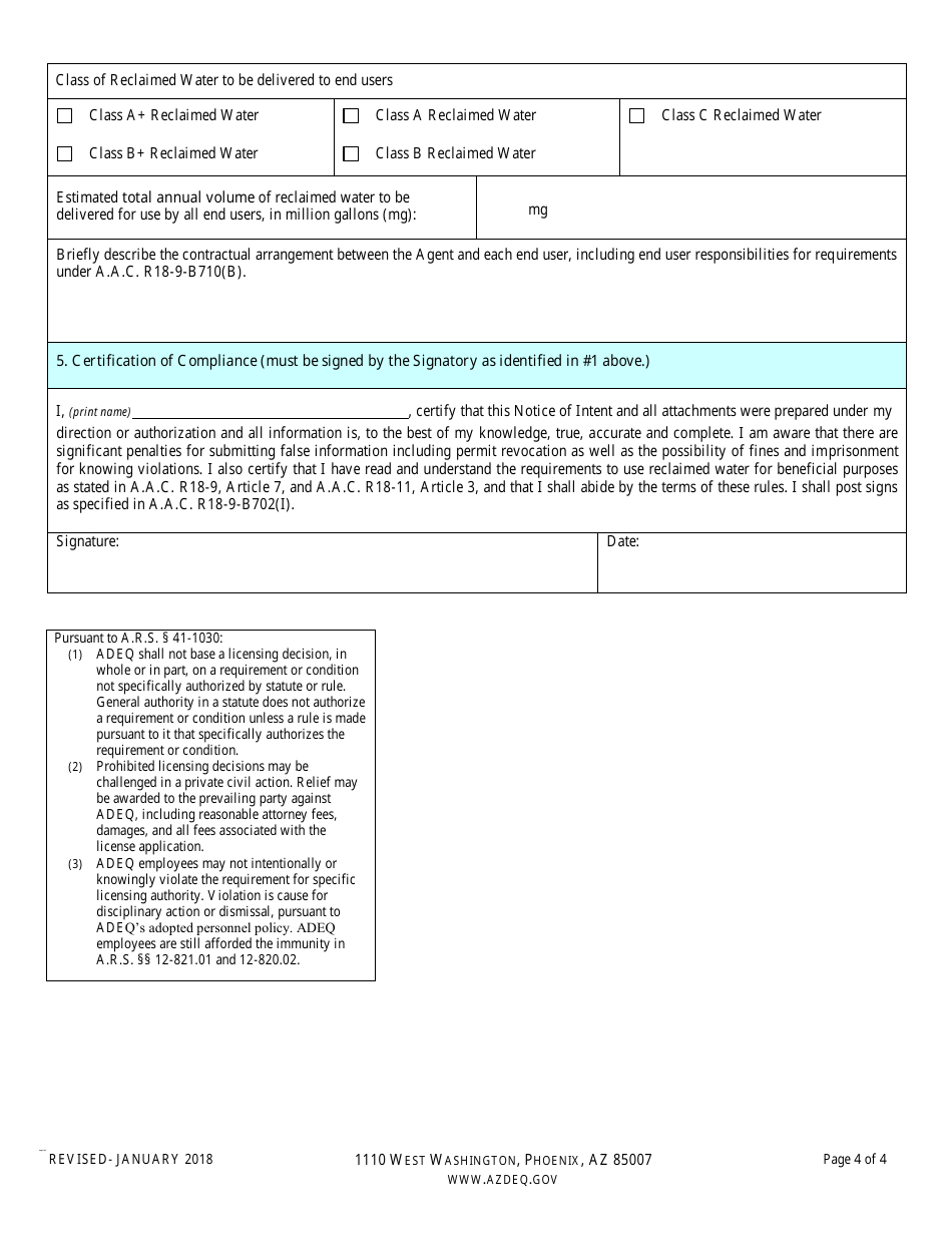 Notice of Intent (Noi) for a Type 3 Recycled Water General Permit, Reclaimed Water Agent - Arizona, Page 4