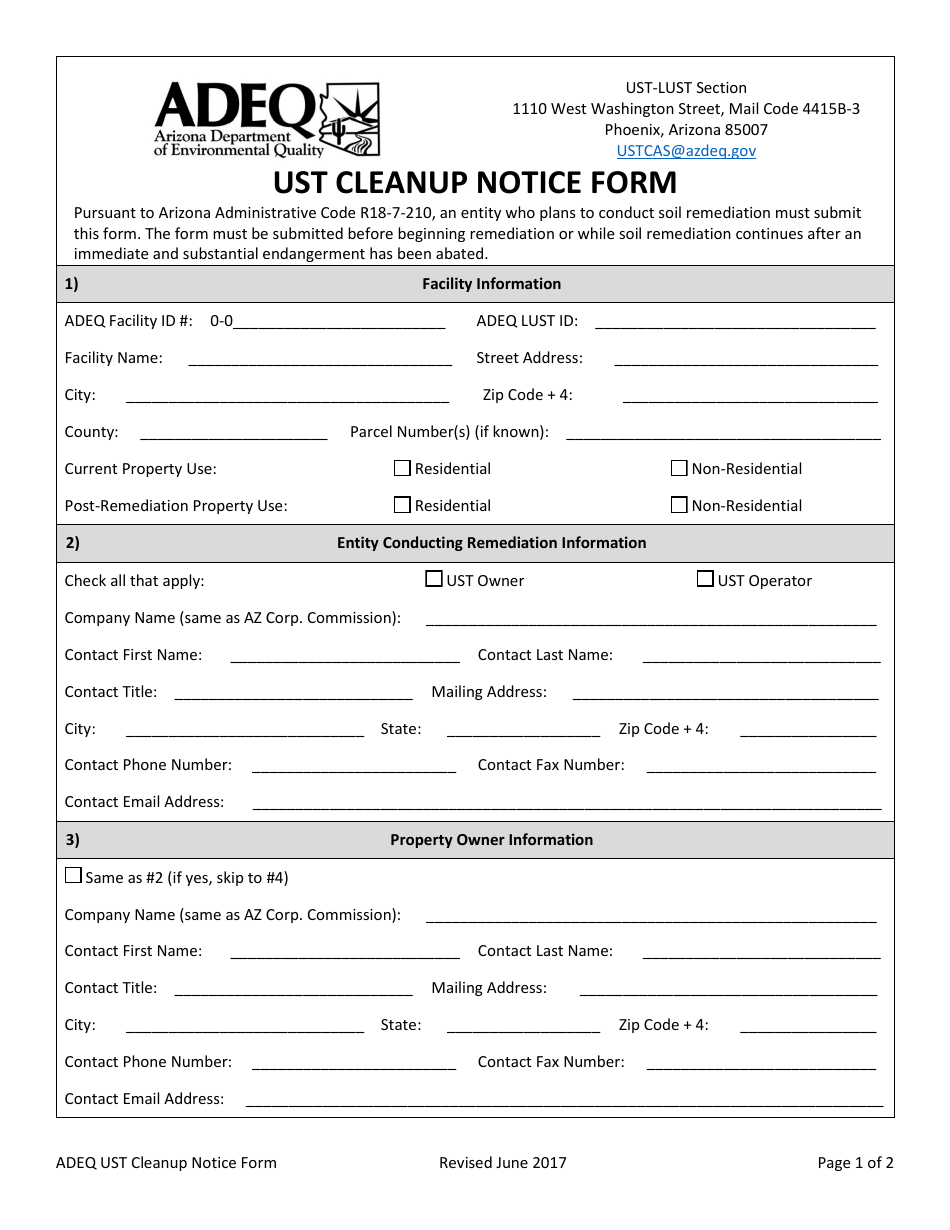 Ust Cleanup Notice Form - Arizona, Page 1