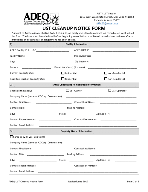Ust Cleanup Notice Form - Arizona Download Pdf