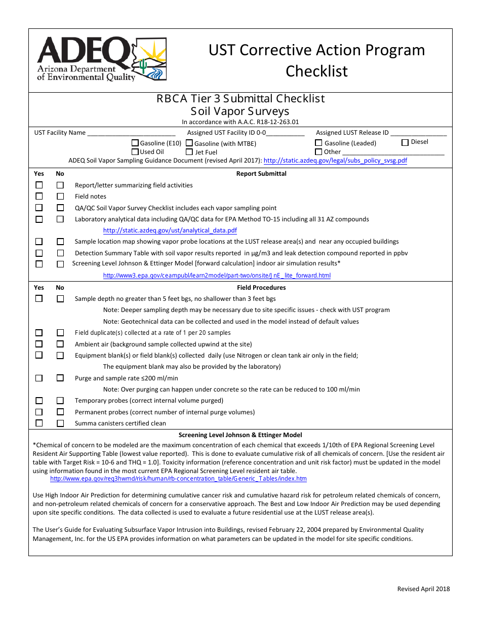Ust Corrective Action - Rbca Tier 3 Submittal Checklist - Soil Vapor Surveys - Arizona, Page 1