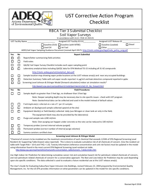 Ust Corrective Action - Rbca Tier 3 Submittal Checklist - Soil Vapor Surveys - Arizona Download Pdf
