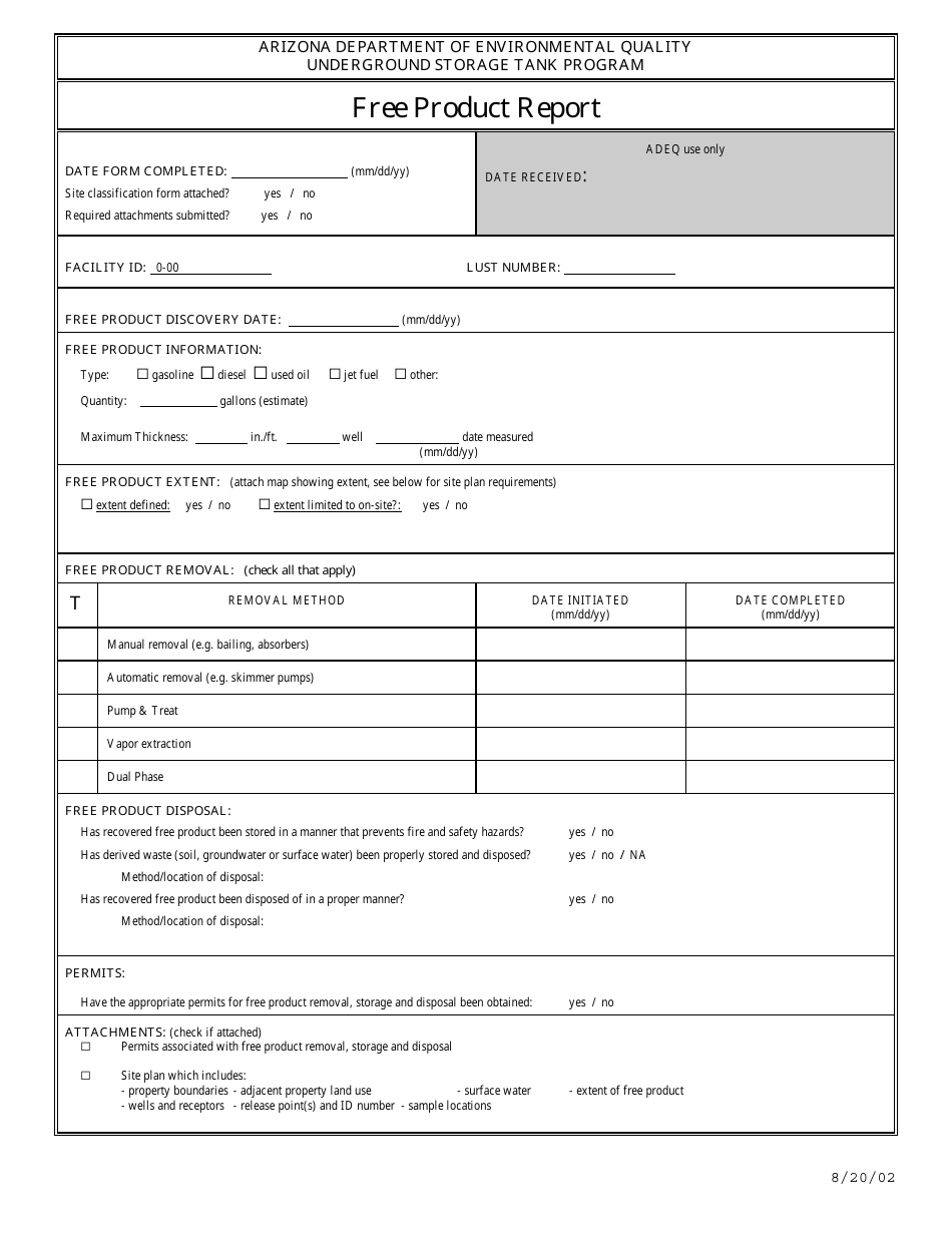 Underground Storage Tank (Ust) Free Product Report Form - Arizona, Page 1