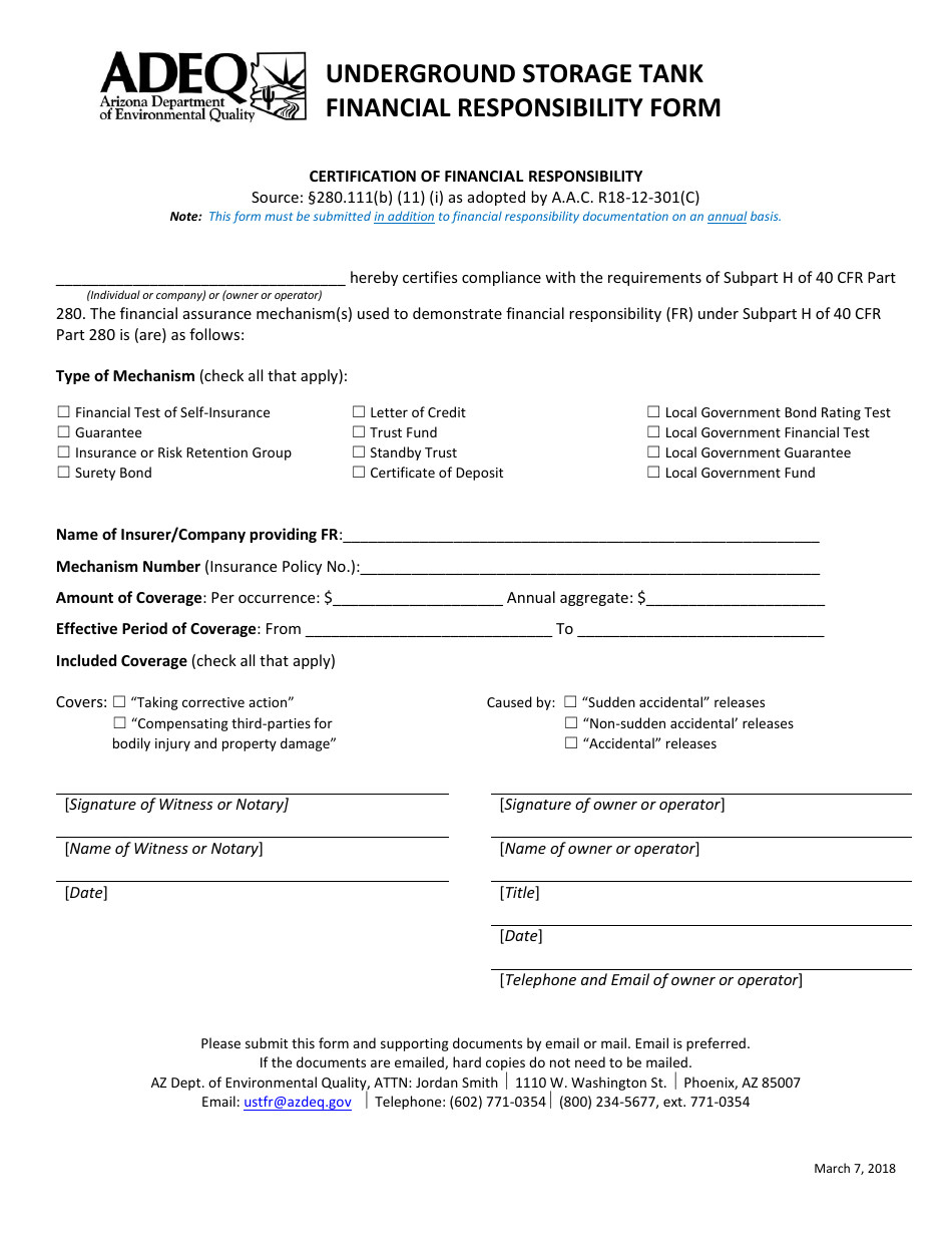 Arizona Underground Storage Tank (Ust) Financial Responsibility Form