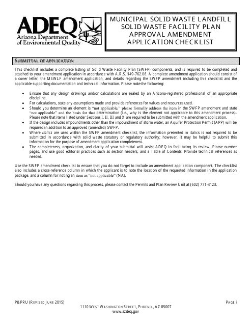 ADEQ Form P&PRU Municipal Solid Waste Landfill Solid Waste Facility Plan Approval Amendment Application Checklist - Arizona