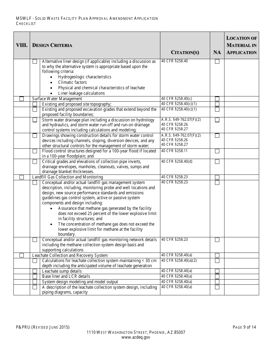 ADEQ Form PPRU Municipal Solid Waste Landfill Solid Waste Facility Plan Approval Amendment Application Checklist - Arizona, Page 10